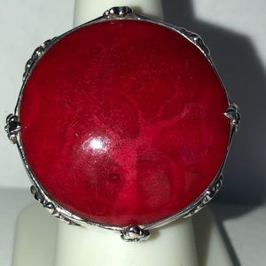 Red Sponge Coral Gemstone in Rhodium over Sterling Silver Ring